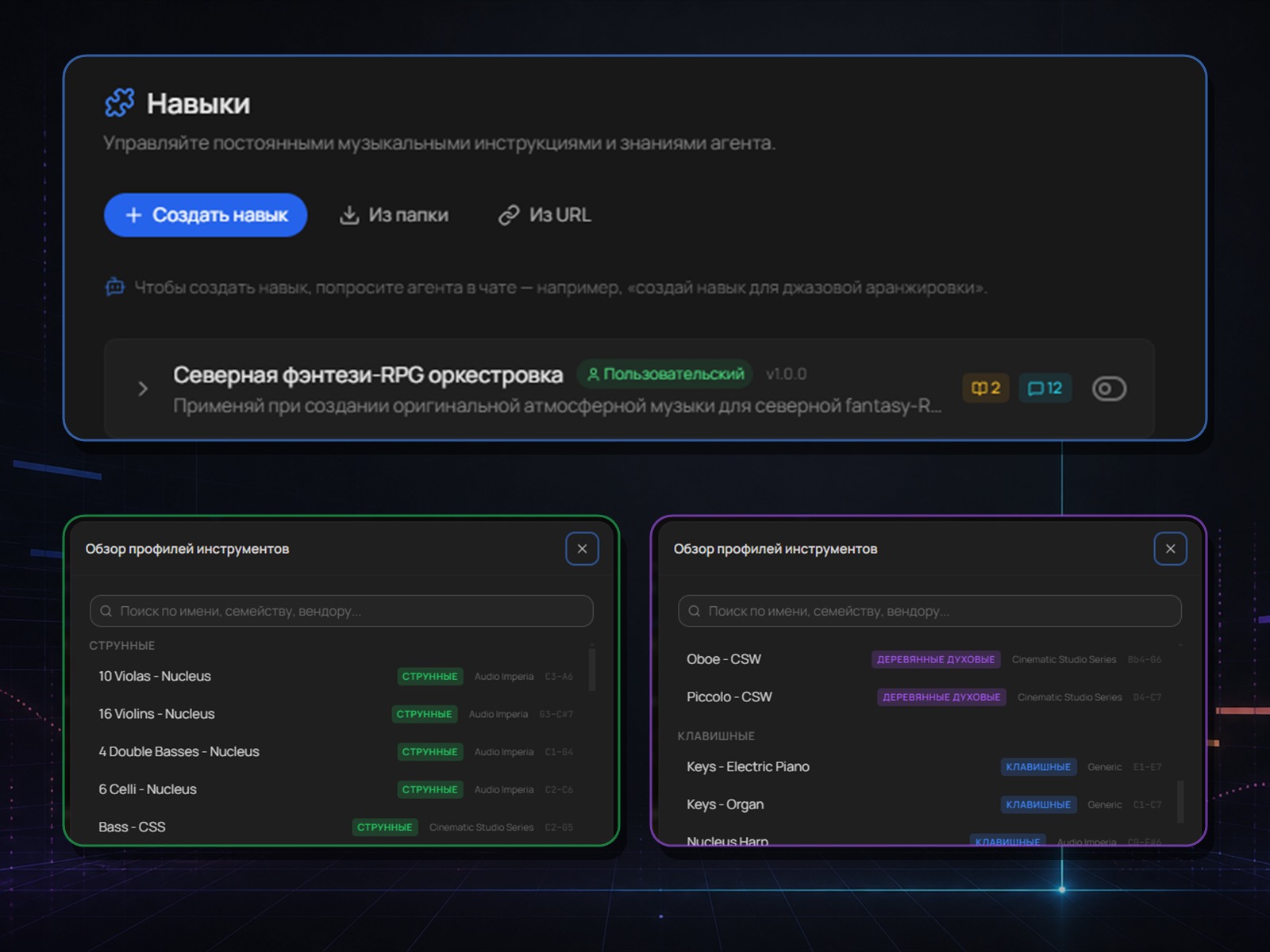 Навыки агента и браузер профилей инструментов PARTITA STUDIO: струнные, деревянные духовые и клавишные с диапазонами